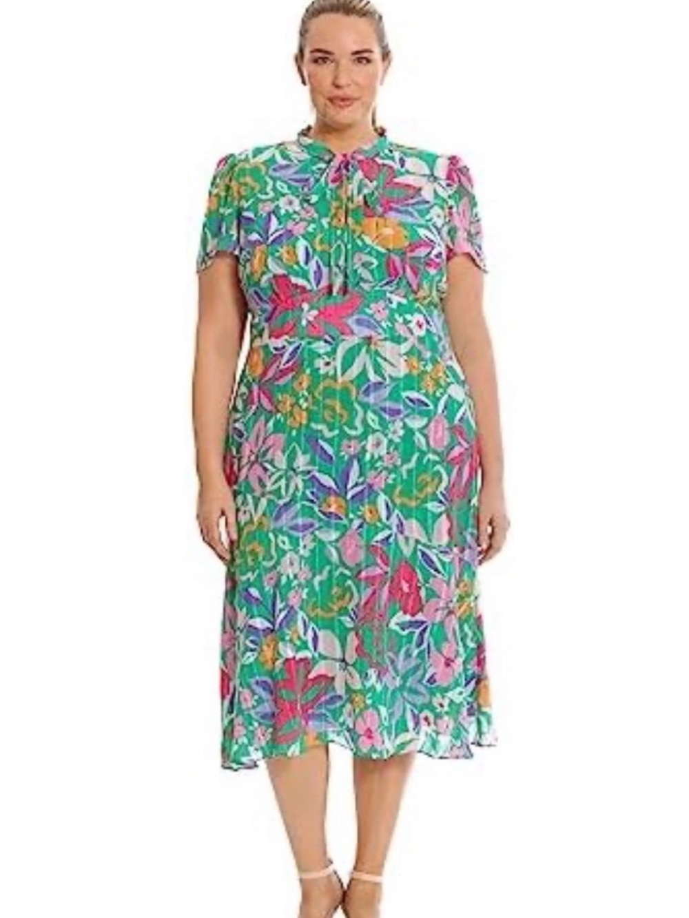 Maggy London Floral Midi Dress in Green and Pink - Women's size 16-NWT